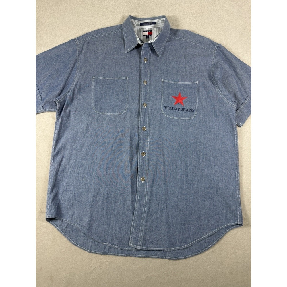Vintage Tommy Jeans Denim Button Up Shirt Men's Large Short Sleeve Embroidered L - Picture 9 of 16